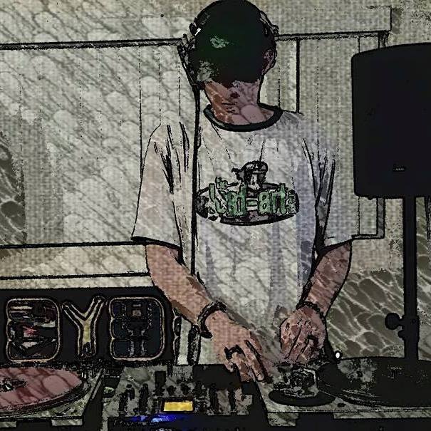 Sketch-style artwork of DJ Natural Nate® on the turntables with Bruise Your Body Breaks branding